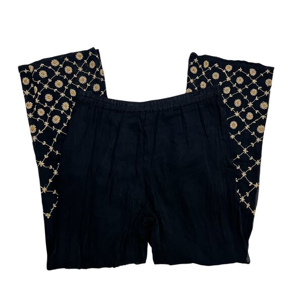 Mesh Floral Embroidered Salwar Pants Sheer Mesh Black Tan Elastic Waist Bohemian - Picture 5 of 6